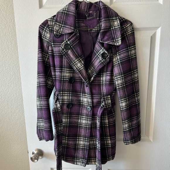 Jou Jou Jackets & Blazers - Purple Plaid Peacoat